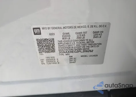 2023 Chevrolet Equinox Awd Premier из США, поврежденный, VIN 3GNAXXEG2PL206262